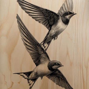 May include: A detailed black and white illustration of two swallows in flight. The birds are depicted with their wings spread, showcasing intricate feather details. The artwork is set against a light wood grain background.