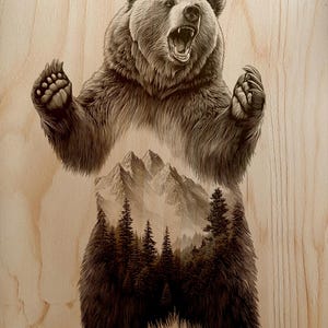 May include: A detailed wood-burned artwork of a grizzly bear with an open mouth and raised paws. The bear's body incorporates a mountain and forest scene. The artwork is on a light-colored wooden surface.