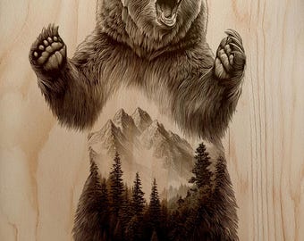 Dominant Roaring Grizzly Bear Standing Double Exposure Forest PNG For Professional Wood Laser Engraving