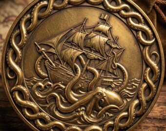 Kraken 3D-dieptekaart voor munten, graveerbestand in grijstinten voor piratenschip, reliëfontwerp van een zeemonster, digitale download met fiberlaser-CNC.