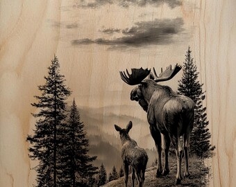 Moose Family Landscape Engraving PNG | Bull & Calf with Birds Laser File | Scenic Wood Burn Art | High-Res Glowforge Raster
