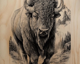 Majestuoso retrato de bisonte americano con gran detalle PNG para grabado láser en madera, decoración de pared.