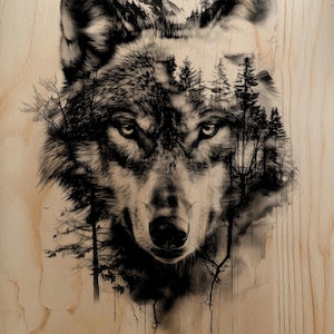 Può includere: Illustrazione dettagliata in bianco e nero del volto di un lupo, con una foresta e una catena montuosa incorporate nel design. L'opera d'arte è ambientata su uno sfondo chiaro con venature del legno, creando un contrasto sorprendente.