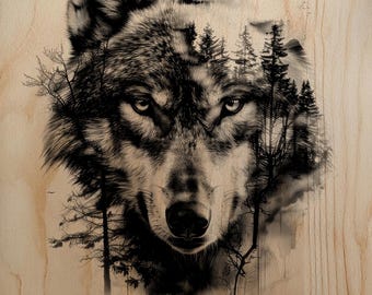 Double Exposure Wolf Engraving PNG | Forest Silhouette Laser Art | Realistic Wildlife Wood Burn File | High-Res Raster