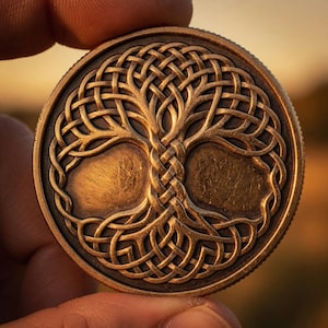 May include: A bronze-colored coin featuring a detailed Celtic tree of life design. The intricate knotwork forms the tree's branches and roots, with two oval shapes representing the canopy and the roots. The coin is held against a blurred, warm-toned background.