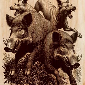 May include: A detailed woodcut-style illustration depicts two wild boars and three dogs. The boars are in the foreground, with large tusks and bristly fur. The dogs are positioned above, with open mouths and alert expressions.
