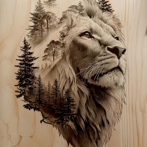 May include: A detailed wood-burned artwork featuring a lion's head with a forest scene incorporated into its mane. The artwork is rendered in shades of brown and black, with intricate line work. The background is a light wood grain.