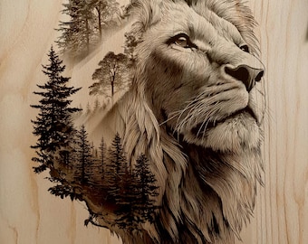 Regal Lion Dubbelexponering Skogsporträtt PNG För Professionell Trälasergravyr Heminredning