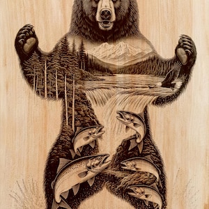 May include: A detailed woodcut illustration of a bear with a landscape scene within its silhouette. The bear's form contains a waterfall, mountains, trees, and fish. The artwork is in shades of brown and tan.