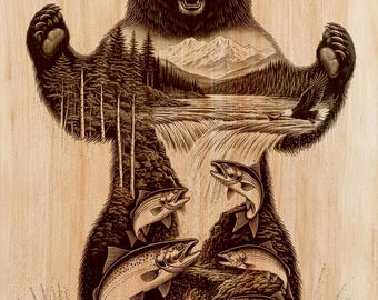 Oso de pie junto al río PNG, arte mural de vida silvestre para madera, mármol, pizarra, piedra, decoración rústica, archivo para grabado láser