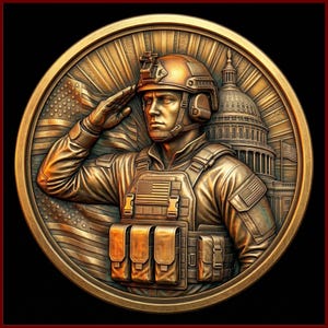 May include: A detailed, gold-colored relief coin featuring a saluting soldier in uniform, an American flag, and the U.S. Capitol building. The coin has a circular shape with a red border and a black background.