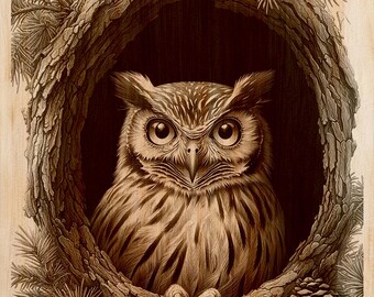 Horned Owl Wood Engraving PNG | Laser Wood Art Design | Forest Vertical Wall Art File | Rustic Cabin Decor | Instant Download