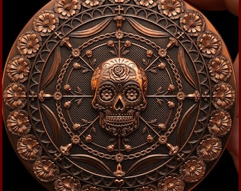 Sugar Skull Mandala Coin Depth Map | Day of the Dead Marigold 3D Engraving PNG | Calavera Heightmap | xTool LightBurn Wood Coin