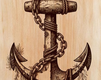 Grabado de ancla antigua en madera PNG, archivo láser náutico para pizarra, piedra y metal, descarga digital de estrellas y cadena de cuerda patriótica
