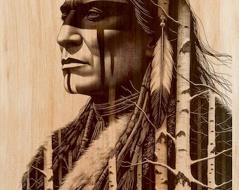 Native Warrior Wood Engraving PNG | Laser Wood Art Design | Tribal Vertical Wall Art File | Rustic Lodge Decor | Instant Download