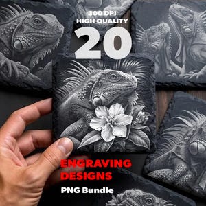 Paquete de imágenes PNG de posavasos de pizarra con iguana, 20 archivos de grabado láser de reptiles y lagartos, arte de hibisco tropical para Glowforge, descarga instantánea.