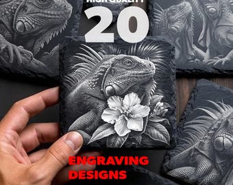 Iguana Slate Coaster PNG Bundle, 20 Reptile Lizard Laser Engraving Files, Tropical Hibiscus Art for Glowforge, Instant Download