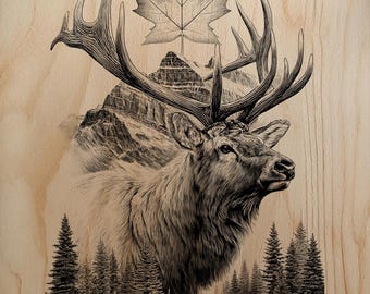 Paesaggio con foglie d'acero e alce canadese nobile PNG per incisione laser su legno professionale, arte murale