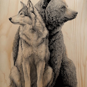 May include: A detailed wood carving depicts a wolf and a bear sitting side-by-side, their bodies touching. The wolf is light gray, and the bear is dark brown. The artwork is set against a light wood grain background.