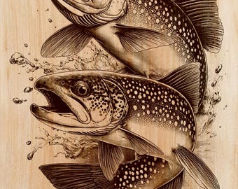 Archivo de grabado láser de trucha de arroyo saltando, PNG para madera, pizarra, metal y piedra, escena de pesca con salpicaduras de agua y vida silvestre (descarga digital)