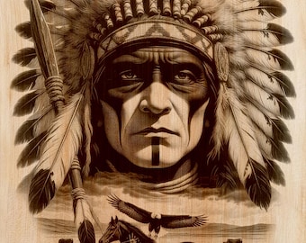 Incisione su legno raffigurante un capo nativo americano in formato PNG | Disegno laser su legno | File per arte murale verticale tribale | Decorazione rustica per baita | Download immediato