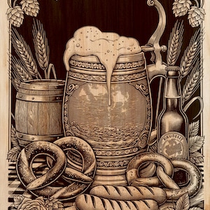 May include: A laser-engraved wooden wall art piece featuring a central beer stein overflowing with foam, a wooden barrel, a bottle labeled VIGUDESST, two pretzels, and two sausages on a cutting board, framed by hops and wheat stalks.