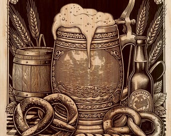 Beer Mug Wood Engraving PNG | Laser Wood Art Design | Oktoberfest Vertical Wall Art File | Pub Bar Decor | Instant Download