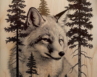 Wild Fox with Trees Laser Engraving Design PNG, File for Wood Metal Stone, Pine Forest Animal Portrait Digital Download