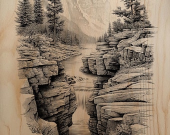Majestuoso paisaje del cañón del río, diseño de grabado láser, plantilla de arte en madera natural de las Montañas Rocosas Canadienses
