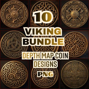 Könnte beinhalten: Eine Sammlung von zehn bronzefarbenen Münzdesigns im Wikinger-Stil. Die Münzen zeigen verschiedene komplizierte Muster, darunter Schilde, Äxte und keltische Knoten. Der Text auf dem Bild lautet "10 Viking Bundle Depth Map Coin Designs PNG."