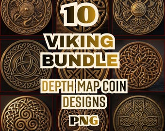 10 Viking Depth Map Coin Bundle | Norse Celtic Valknut Knotwork 3D Engraving PNG | xTool LightBurn Heightmap Set