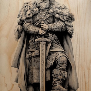 May include: A detailed illustration of a Viking warrior, holding a sword, with a fur-lined cloak and intricate armor. The artwork is rendered in shades of gray and brown, set against a wood grain background, creating a rustic and historical aesthetic.