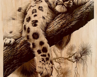 Incisione su legno di leopardo delle nevi PNG | Design per arte laser su legno | File per arte murale verticale con animali selvatici | Decorazione rustica per baita | Download immediato