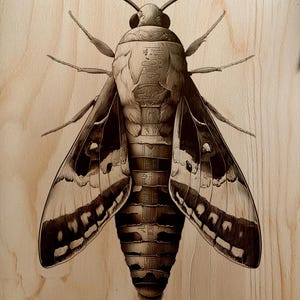 May include: Detailed wood-burned artwork of a moth with intricate patterns and hieroglyphic-like designs on its body. The moth's wings display a mix of light and dark brown hues, set against a light wood grain background.