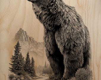 Vild rytande grizzlybjörn bergstopp lasergravyr design natur träkonst mall