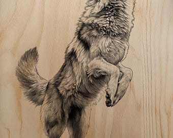 Rearing Howling Wolf Engraving PNG | Dynamic Full Body Laser File | Wild Dog Wood Burn Art | High-Res Glowforge Raster