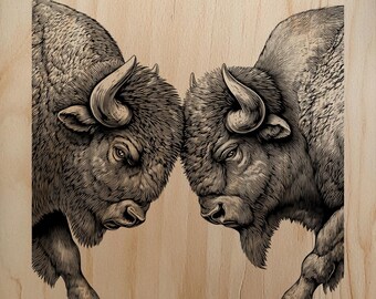 Due potenti teste di bisonte in formato PNG per decorazioni murali con incisione laser su legno professionale