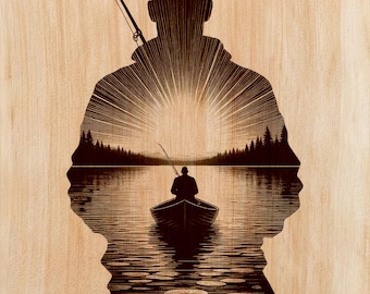 Incisione su legno di un pescatore PNG | Design per arte laser su legno | File per arte verticale da parete a tema pesca | Decorazione rustica per baita | Download immediato