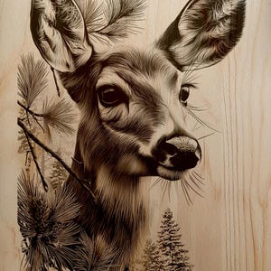 May include: A detailed wood-burned artwork of a deer's head, with intricate line work. The deer is surrounded by pine branches and trees, rendered in shades of brown and black against a light wood grain background. The artwork captures the deer's focused gaze.
