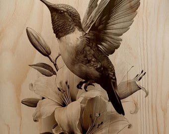 Ethereal Hummingbird Garden Engraving, Whispering Petals Wood Burning Art