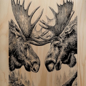 May include: Black and white illustration of two moose facing each other, their antlers intertwined. The artwork is set against a light wood grain background, with a forest scene visible at the bottom. The detailed drawing style gives a vintage feel.