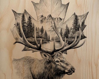 Paesaggio con foglie d'acero e alce canadese in formato PNG per incisione laser su legno professionale.
