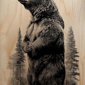 May include: A detailed illustration of a grizzly bear standing tall, rendered in shades of brown and black. The bear is set against a light wood grain background with stylized trees, creating a rustic, nature-inspired aesthetic.