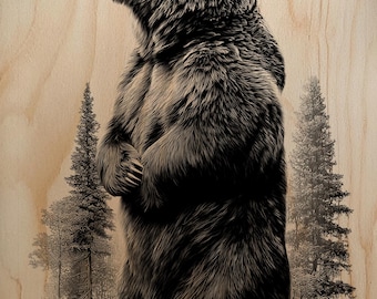 Orso in piedi PNG, file per incisione su legno, design laser per Glowforge, xTool, arte murale raffigurante animali selvatici, orso grizzly, decorazione per baita, uso commerciale