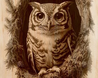 Screech Owl Wood Engraving PNG | Laser Wood Art Design | Forest Vertical Wall Art File | Rustic Cabin Decor | Instant Download
