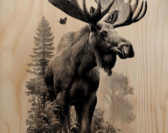 Älgtjur med fjärilsgravyr i PNG | Detaljerad hornlaserfil | Northwoods Lodge Decor Wood Burn Art | Högupplöst raster