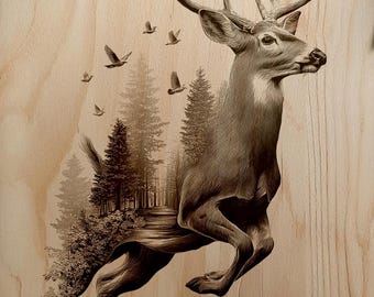 Dynamic Leaping Deer Double Exposure Forest Portrait PNG For Professional Wood Laser Engraving Wall Art