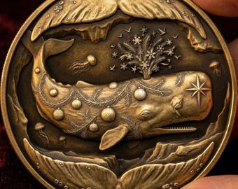 Christmas Whale Depth Map Coin | 3D Engraving PNG | Holiday Ocean Relief | xTool LightBurn CNC Wood Coin Blank