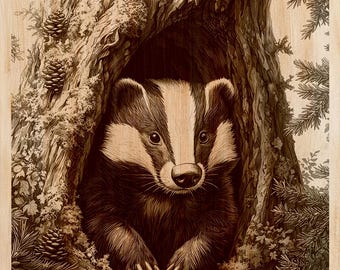 Incredibile incisione su legno di un tasso in formato PNG | Design per arte laser su legno | File per arte verticale a tema bosco | Decorazione rustica per baita | Download immediato
