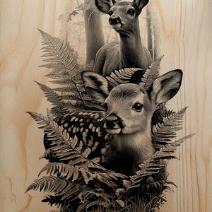 May include: Black and white illustration of two deer, one fawn and one adult, set against a backdrop of ferns and a forest scene. The artwork is printed on a light-colored wooden surface, creating a rustic aesthetic.